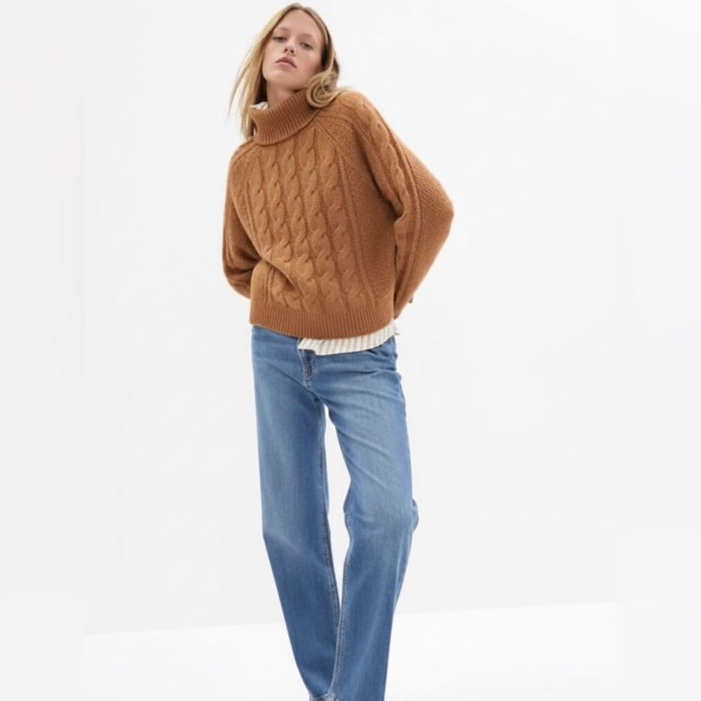 GAP Size L Cable Knit Turtleneck Sweater Relaxed Holiday Brown Wool Cotton